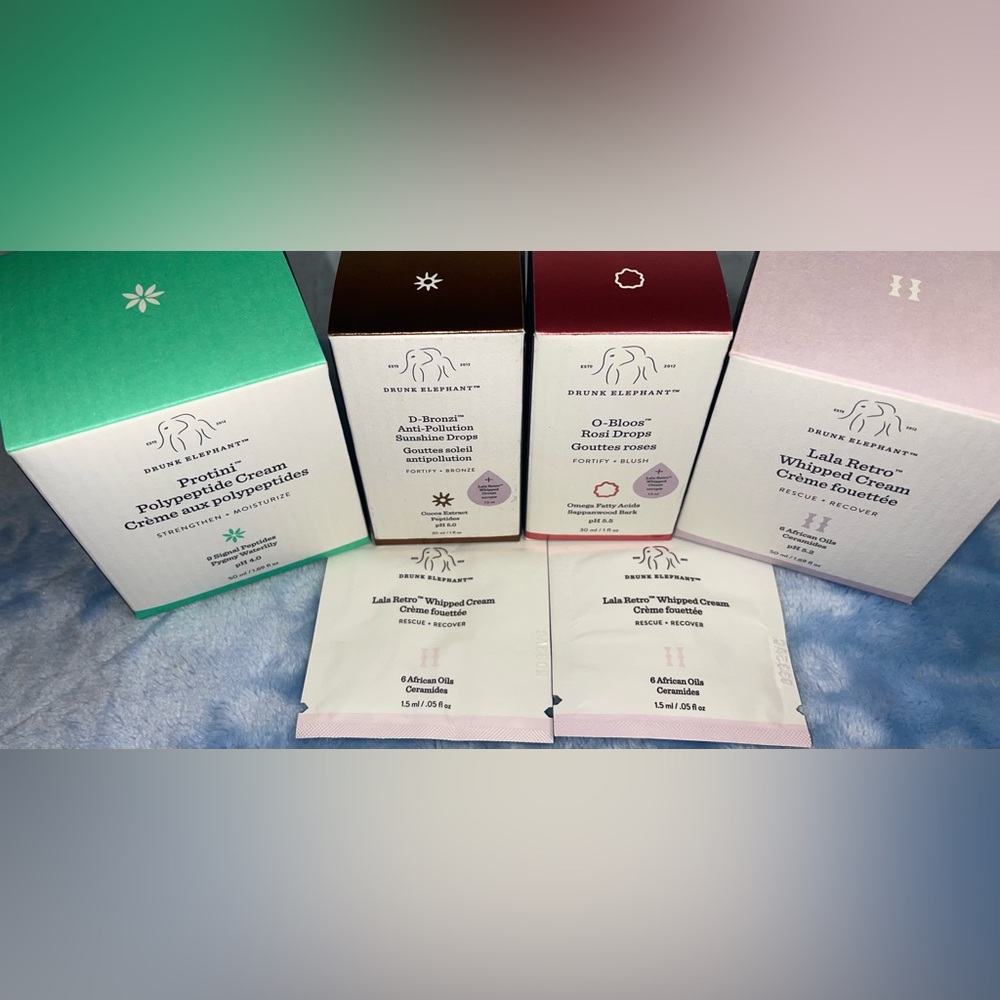 Drunk Elephant D Bronzi Drops, O Bloos Drops, Protini Cream & La Retro Cream